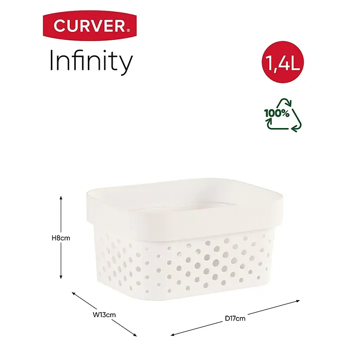 Curver Aufbewahrungsbox Infinity - L x B x H: 16,7 x 12,5 x 8,3 cm, Kunststoff, Weiß - Ein weißer Curver Infinity Aufbewahrungskorb (1,4L) mit Abmessungen (H8cm x B13cm x T17cm) und recyceltem Material.