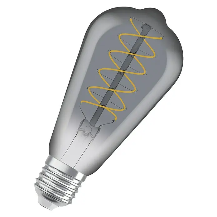 Osram LED-Lampe Vintage Edition 1906 Glühlampenform E27 - E27, Dimmbar, Warmweiß, 360 lm, 7,8 W, Smoke - Nahaufnahme einer länglichen Vintage-Glühbirne mit spiralförmigem Glühfaden, die ein warmes, einladendes Licht ausstrahlt.