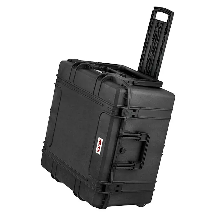 Wasserdichter Koffer MAX615TR - L x B x H: 680 x 675 x 393 mm, Ohne Schaumstoffeinlage, Ausziehbarer Trolley, Schwarz, Kunststoff - Schwarzer MAX Trolley-Koffer mit ausziehbarem Griff, ideal für den Transport von Ausrüstung und Zubehör.