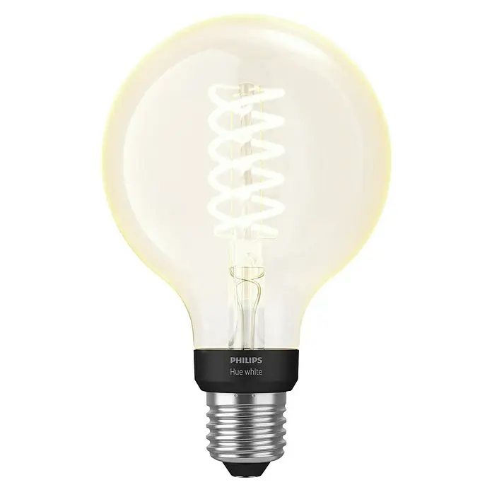 Philips Hue Bombilla LED inteligente Filamento blanco - E27, Intensidad regulable, Blanco cálido, 550 lm, 7 W, Denominación de la lámpara: G93 - Imagen de una bombilla Philips Hue White con un filamento en espiral y una base E27.