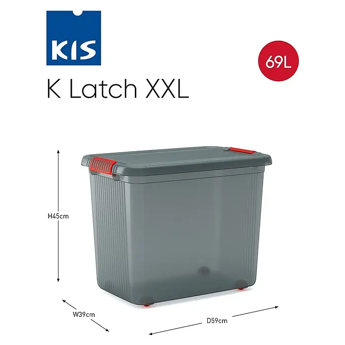KIS Aufbewahrungsbox K LATCH - L x B x H: 59 x 39 x 45 cm, Grau - Abbildung eines KIS K Latch XXL Aufbewahrungsbehälters mit den Maßen H45cm, W39cm und T59cm und einem Fassungsvermögen von 69L.