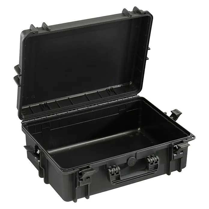 Wasserdichter Koffer MAX505TR - L x B x H: 555 x 445 x 258 mm, Ohne Schaumstoffeinlage, Ausziehbarer Trolley, Schwarz, Kunststoff - Schwarzer, geöffneter Schutzkoffer zur Aufbewahrung empfindlicher Gegenstände, ideal für Reisen und Outdoor-Aktivitäten, robust und wasserdicht.