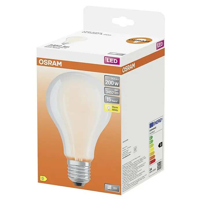 Osram LED-Lampe Glühlampenform E27 matt - E27, Nicht Dimmbar, Warmweiß, 3.452 lm, 24 W - Eine LED Lampe von Osram mit 24W Leistung, die 200W herkömmlicher Lampen entspricht und warmweißes Licht liefert, verpackt in einer Kartonverpackung.