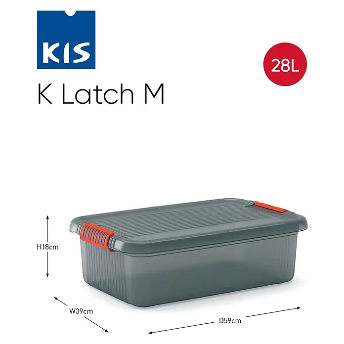 KIS Aufbewahrungsbox K LATCH - L x B x H: 59 x 39 x 18 cm, Grau - Bild eines grauen KIS K Latch M Aufbewahrungsbehälters mit orangefarbenen Griffen und den Maßen H18cm x B39cm x T59cm.