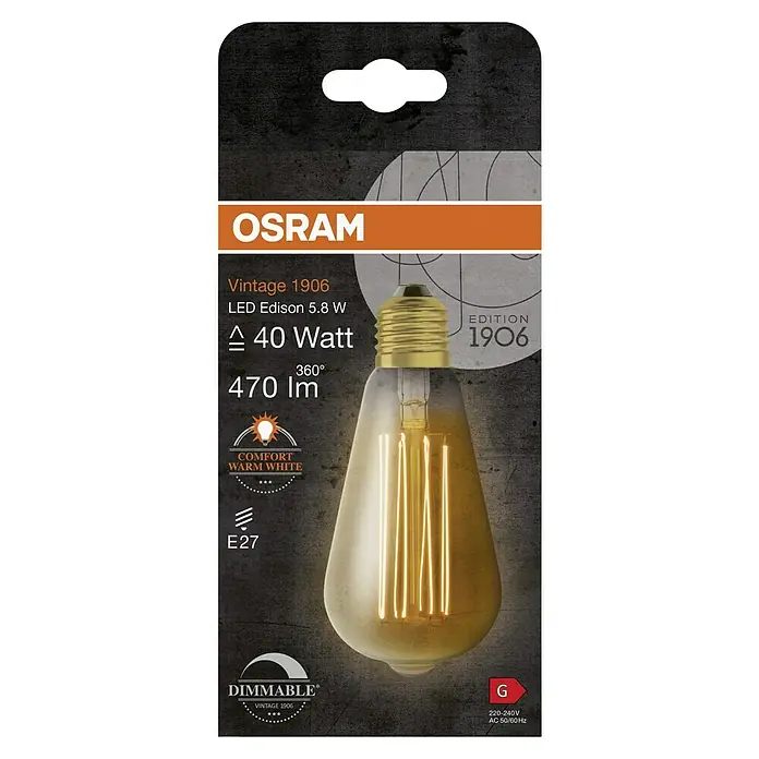 Osram LED-Lampe Vintage Edition 1906 Birnenform E27 - E27, Dimmbar, Warmweiß, 470 lm, 5,9 W, Gold - Eine Osram Vintage 1906 LED Edison Lampe mit 5.8 W, die ein warmweißes Licht ausstrahlt und dimmbar ist.
