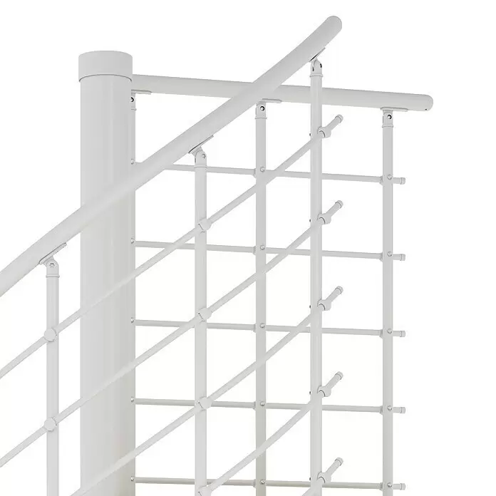 Dolle Spindeltreppe Oslo - Durchmesser: 120 cm, Weiß, Farbe Stufen: Eiche Natur, Geschosshöhe: 252 cm - 276 cm - Weißes Metallgeländer mit Gitterstruktur und diagonalen Streben, für Treppe oder Balkon.