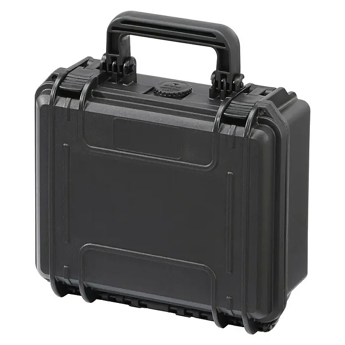 Wasserdichter Koffer MAX235 - L x B x H: 258 x 243 x 118 mm, Ohne Schaumstoffeinlage, Schwarz, Kunststoff - Schwarzer Hartschalenkoffer mit Tragegriff und robusten Verschlüssen für sicheren Transport empfindlicher Gegenstände.