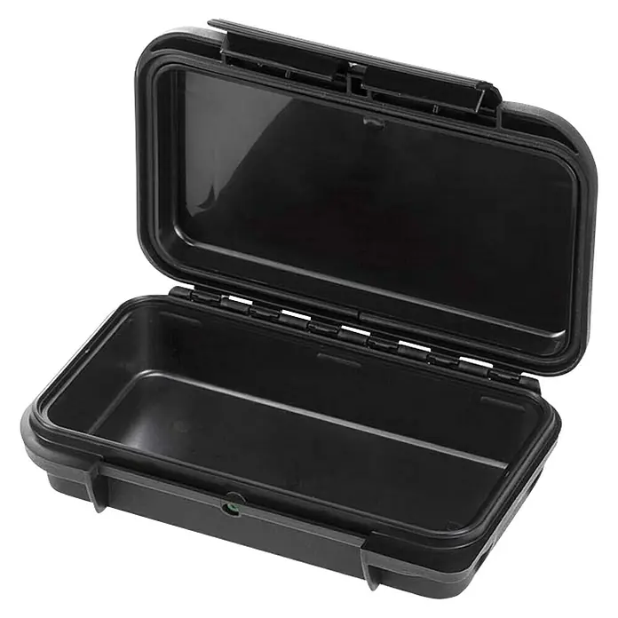 Wasserdichter Koffer MAXGRIP - L x B x H: 175 x 115 x 47 mm, Ohne Schaumstoffeinlage, Schwarz, Kunststoff - Schwarzer, offener Hartschalenkoffer. Der Koffer ist leer und zeigt sein Innenleben. Ideal für den sicheren Transport von Wertgegenständen.
