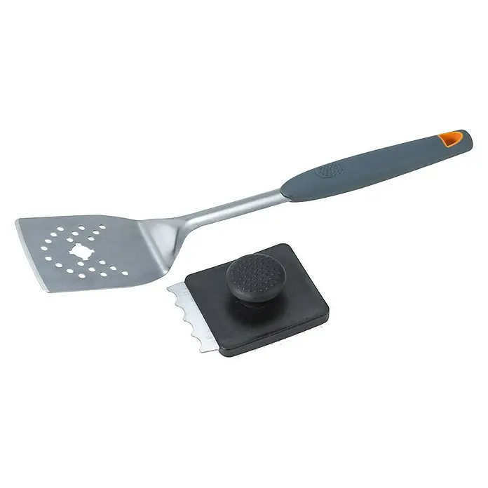Kingstone Utensilios para barbacoa 3 in 1 - 2 pzs., Acero inoxidable - Juego de barbacoa con espátula de acero inoxidable con mango gris y limpiador de parrilla con mango negro.