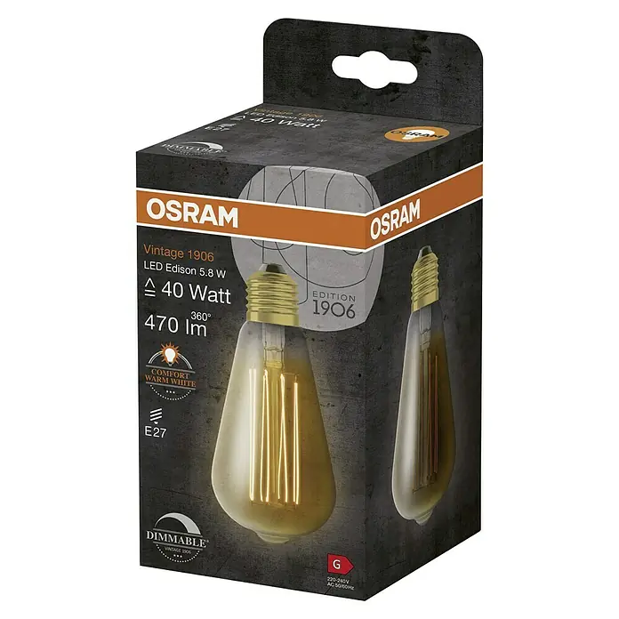 Osram LED-Lampe Vintage Edition 1906 Birnenform E27 - E27, Dimmbar, Warmweiß, 470 lm, 5,9 W, Gold - Die Verpackung einer Osram Vintage 1906 LED Edison Lampe mit 5.8W, die ein warmweißes Licht mit 470 Lumen erzeugt und dimmbar ist.