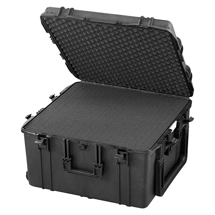 Wasserdichter Koffer MAX615 - L x B x H: 680 x 675 x 393 mm, Mit Würfelschaumstoffeinlage, Schwarz, Kunststoff - Schwarzer Schutzkoffer mit offenem Deckel und Noppenschaumstoff-Polsterung. Ideal für den sicheren Transport empfindlicher Gegenstände.
