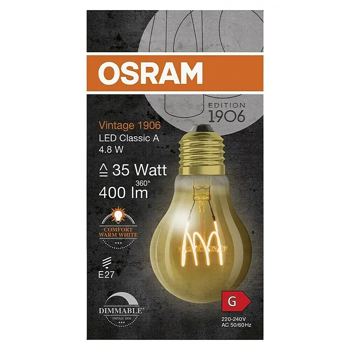Osram LED-Lampe Vintage Edition 1906 Glühlampenform E27 - E27, Dimmbar, Warmweiß, 400 lm, 4,8 W, Birne, Gold - Produktverpackung einer Osram Vintage 1906 LED Classic A Glühbirne, 4,8 W, 35 Watt äquivalent, 400 Lumen, warmweiß, E27 Sockel, dimmbar.