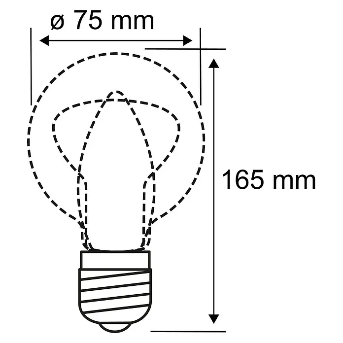 Paulmann Bombilla LED Paulmann Vintage Anillo - E27, No regulable, Blanco cálido, 230 lm, 4 W, Pera - Dibujo dimensional de una bombilla, especificando el diámetro (75 mm) y la altura (165 mm) para las especificaciones técnicas.