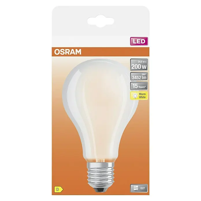 Osram LED-Lampe Glühlampenform E27 matt - E27, Nicht Dimmbar, Warmweiß, 3.452 lm, 24 W - Verpackung einer OSRAM LED-Glühbirne, 200W Äquivalent, warmweißes Licht, E27 Sockel, lange Lebensdauer und Energieeffizienzklasse D.