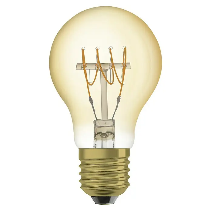 Osram LED-Lampe Vintage Edition 1906 Glühlampenform E27 - E27, Dimmbar, Warmweiß, 400 lm, 4,8 W, Birne, Gold - Nahaufnahme einer dekorativen Edison-Glühbirne mit goldfarbenem Sockel und filigranem Glühfaden, die warmes Licht ausstrahlt.