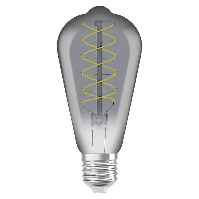Osram LED-Lampe Vintage Edition 1906 Glühlampenform E27 - E27, Dimmbar, Warmweiß, 360 lm, 7,8 W, Smoke - Vintage-Glühbirne mit grauem Glas und einem gewundenen, gelben Filament, das einen warmen, einladenden Schein erzeugt.