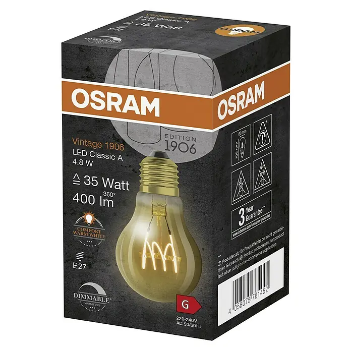 Osram LED-Lampe Vintage Edition 1906 Glühlampenform E27 - E27, Dimmbar, Warmweiß, 400 lm, 4,8 W, Birne, Gold - Verpackung einer Osram Vintage 1906 LED Classic A Glühbirne mit 4,8 W, warmweißem Licht und E27-Sockel. Sie ist dimmbar und hat 3 Jahre Garantie.