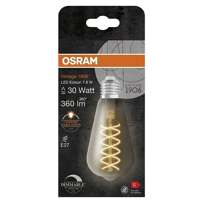 Osram LED-Lampe Vintage Edition 1906 Glühlampenform E27 - E27, Dimmbar, Warmweiß, 360 lm, 7,8 W, Smoke - Nahaufnahme einer Osram Vintage 1906 LED Edison 7.8W Glühbirne mit warmweißer Beleuchtung und E27-Sockel, ideal für dekorative Beleuchtung.