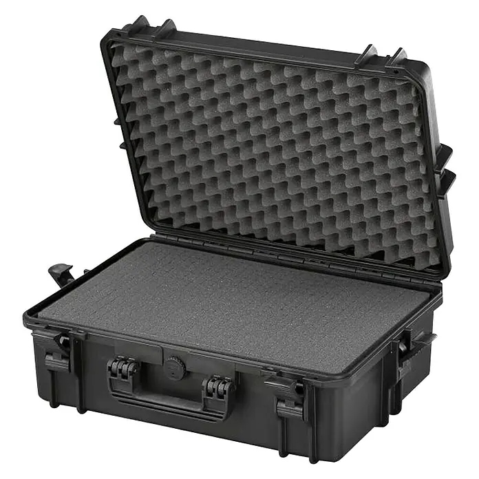 Wasserdichter Koffer MAX 505 - L x B x H: 555 x 428 x 211 mm, Mit Würfelschaumstoffeinlage, Schwarz, Kunststoff - Schwarzer, geöffneter Hartschalenkoffer mit Schaumstoffeinlage im Inneren, ideal zum Schutz empfindlicher Gegenstände.