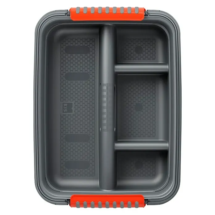 KIS Kunststoff-Einsatz K Latch Tray S - L x B x H: 26 x 35 x 8 cm, Kunststoff, Grau, Anzahl Fächer: 4 Stk. - Eine graue KIS-Werkzeugkiste mit orangefarbenen Griffen und mehreren Fächern für die Aufbewahrung von Werkzeugen und Zubehör.