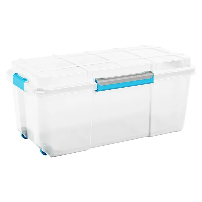 Keter Aufbewahrungsbox Scuba L - L x B x H: 78 x 39 x 35 cm, Kunststoff, Transparent, Mit Deckel - Transparente Kunststoffbox mit Rollen und blau-grauen Verschlüssen, ideal für die Lagerung.