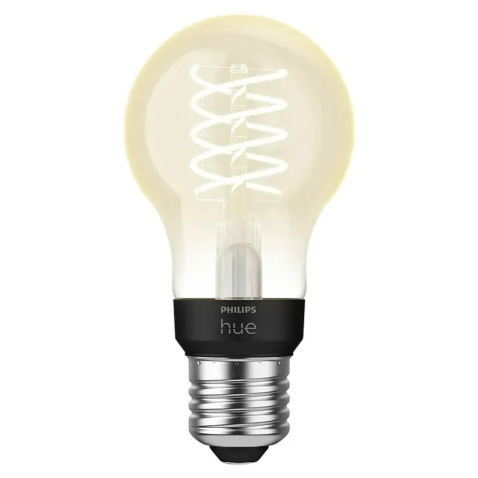 Philips Hue Bombilla LED inteligente Filamento blanco - E27, Intensidad regulable, Blanco cálido, 550 lm, 7 W, Denominación de la lámpara: A60 - Una bombilla Philips Hue con un diseño de filamento en espiral. La bombilla LED inteligente emite una luz cálida y regulable.