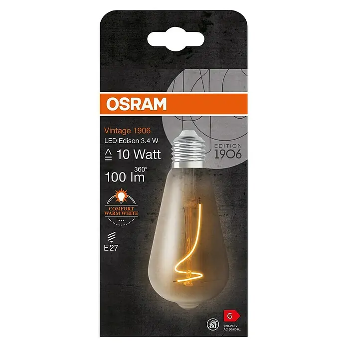 Osram LED-Lampe Vintage Edition 1906 Birnenform E27 - E27, Nicht Dimmbar, Warmweiß, 100 lm, 3,5 W, Smoke - Nahaufnahme einer Osram Vintage 1906 LED Edison 3.4 W Glühbirne in ihrer Verpackung.