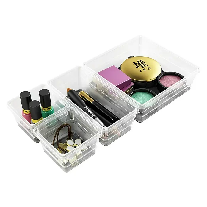 Sistemo Schubladeneinsatz - 7,5 x 7,5 x 5 cm, Transparent, Kunststoff - Foto von transparenten Aufbewahrungsboxen mit diversen Kosmetikprodukten, darunter Nagellack und Lidschatten.