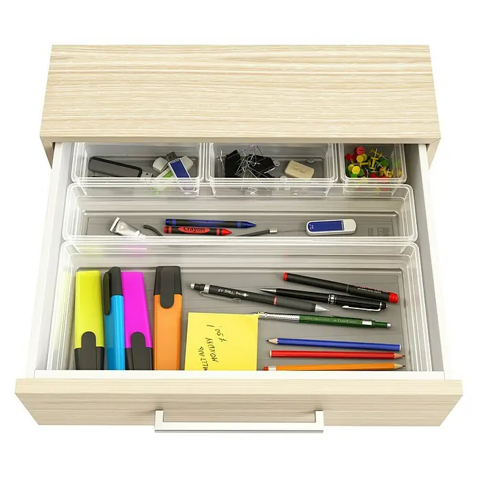 Sistemo Schubladeneinsatz - 30 x 7,5 x 5 cm, Transparent, Kunststoff - Schublade mit Bürobedarf: Stifte, Haftnotizen und Büroklammern ordentlich in Fächern verstaut. Ideal für den organisierten Schreibtisch.