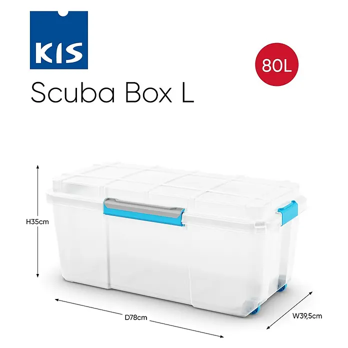 Keter Aufbewahrungsbox Scuba L - L x B x H: 78 x 39 x 35 cm, Kunststoff, Transparent, Mit Deckel - Abbildung einer transparenten KIS Scuba Box L mit den Maßen H35cm, D78cm, W39,5cm und einem Fassungsvermögen von 80L.