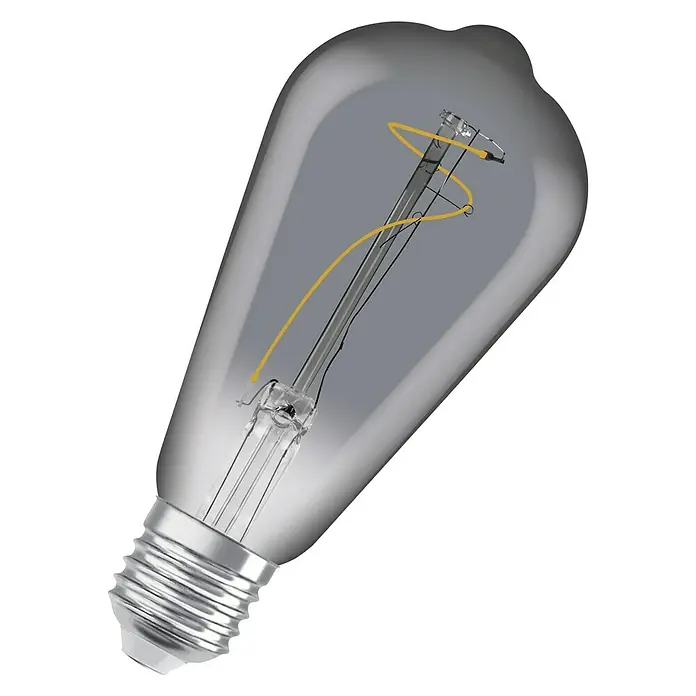 Osram LED-Lampe Vintage Edition 1906 Birnenform E27 - E27, Nicht Dimmbar, Warmweiß, 100 lm, 3,5 W, Smoke - Dieses Bild zeigt eine Edison-Glühbirne mit Glühfaden, die warmes Licht ausstrahlt und eine nostalgische Atmosphäre erzeugt.