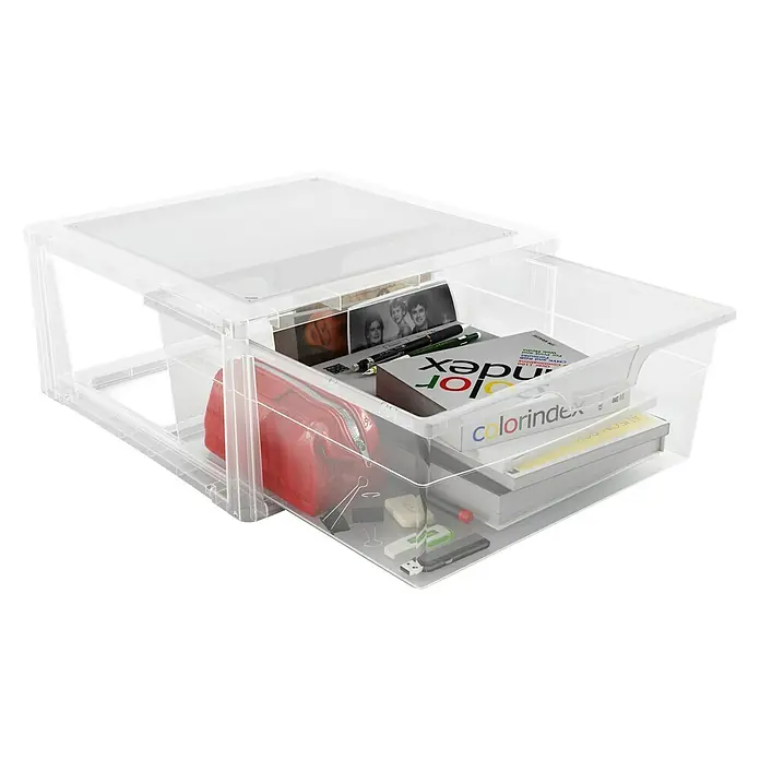 KIS Schubladenbox Spider Drawer - L x B x H: 39 x 39 x 18 cm, 17 l - Transparente Aufbewahrungsbox mit verschiedenen Gegenständen wie Stiften, einem roten Mäppchen und Fotos.