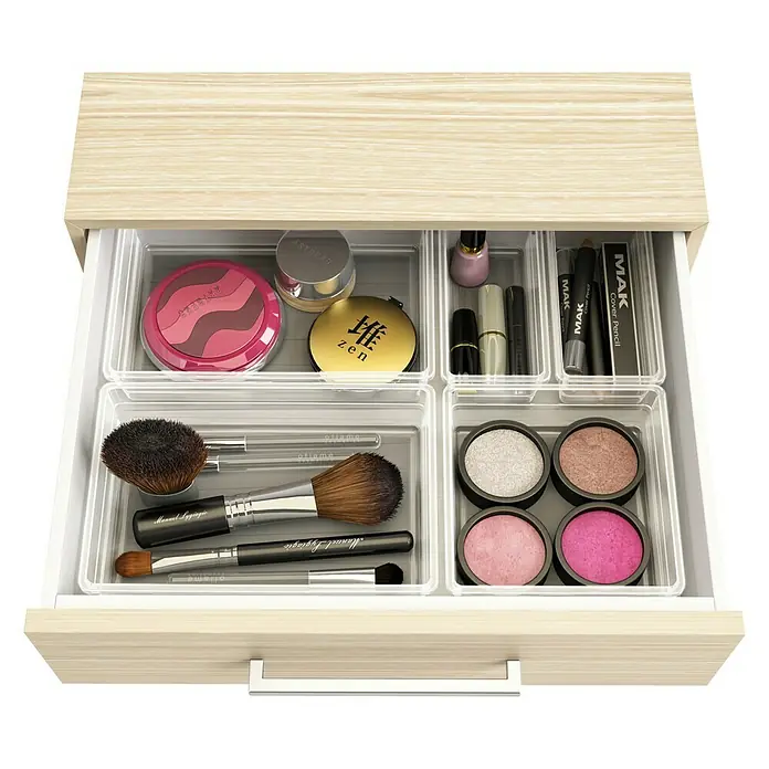 Sistemo Schubladeneinsatz - 7,5 x 7,5 x 5 cm, Transparent, Kunststoff - Schublade mit verschiedenen Make-up-Produkten, ordentlich in durchsichtigen Behältern arrangiert, für einen organisierten Look.