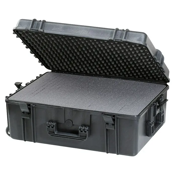 Wasserdichter Koffer MAX620 - L x B x H: 687 x 528 x 276 mm, Mit Würfelschaumstoffeinlage, Schwarz, Kunststoff - Robuster, schwarzer Transportkoffer mit offenem Deckel und individuell anpassbarem Schaumstoff. Ideal für den sicheren Transport empfindlicher Güter.