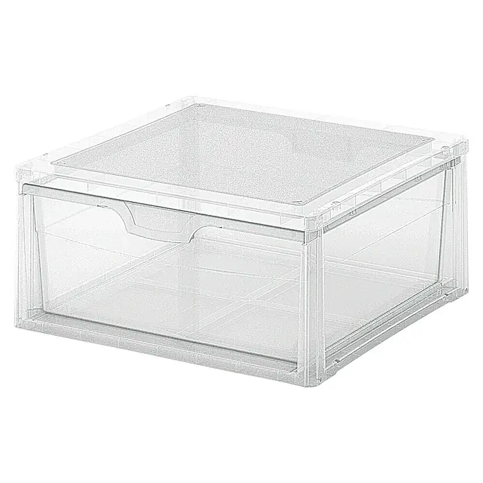 KIS Schubladenbox Spider Drawer - L x B x H: 39 x 39 x 18 cm, 17 l - Nahaufnahme eines transparenten Kunststoffbehälters mit Schublade, ideal für die Organisation und Aufbewahrung verschiedener Gegenstände im Haushalt.