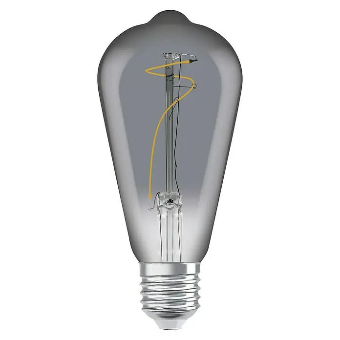 Osram LED-Lampe Vintage Edition 1906 Birnenform E27 - E27, Nicht Dimmbar, Warmweiß, 100 lm, 3,5 W, Smoke - Detailaufnahme einer Vintage-Glühbirne mit dekorativem Glühfaden und Schraubsockel vor schwarzem Hintergrund. Diese Glühbirne strahlt Retro-Charme aus.