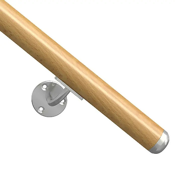 Dolle Handlauf-Set PS 051 - Buche, Lackiert, Länge: 150 cm - Holzhandlauf mit silberner Halterung und Endkappe, ideal zur sicheren Wandmontage.