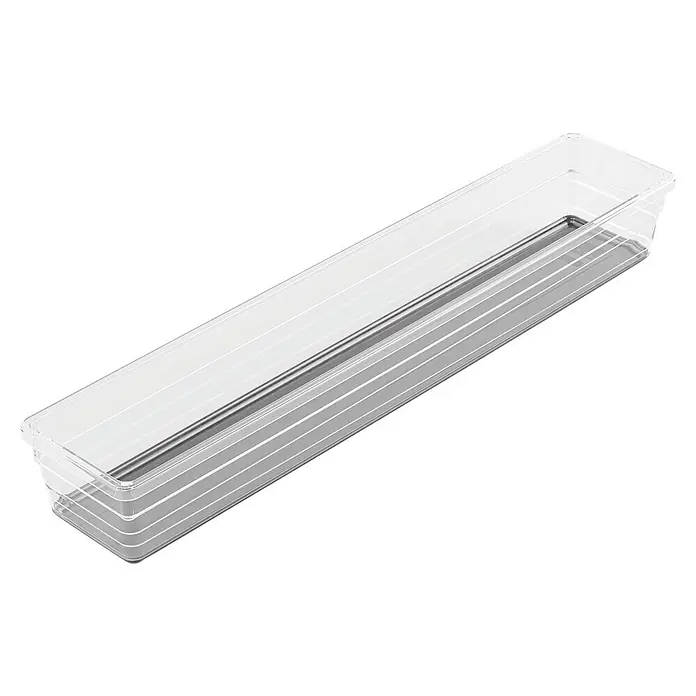 Sistemo Schubladeneinsatz - 37,5 x 7,5 x 5 cm, Transparent, Kunststoff - Aufnahme eines länglichen, durchsichtigen Aufbewahrungsbehälters mit grauem Einsatz, der sich ideal für die Organisation eignet.