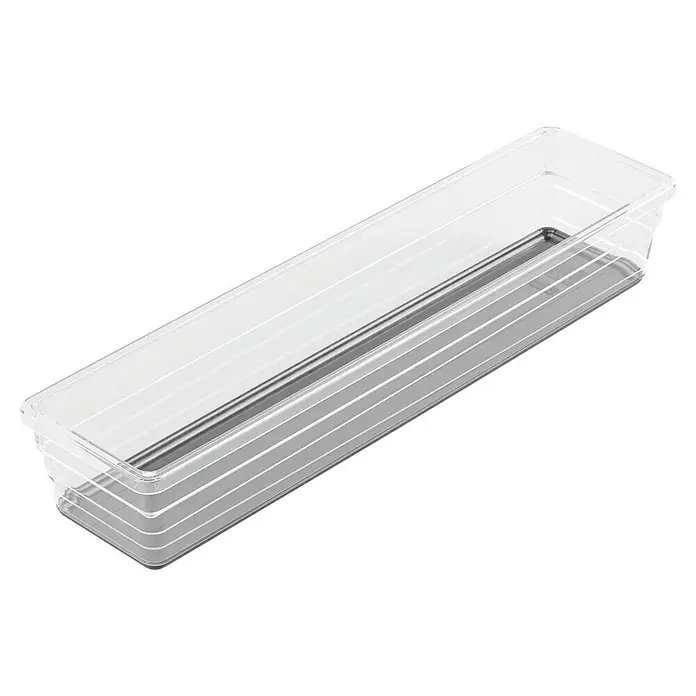 Sistemo Schubladeneinsatz - 30 x 7,5 x 5 cm, Transparent, Kunststoff - Eine längliche, durchsichtige Aufbewahrungsbox mit einer Metallschiene zur Organisation und Aufbewahrung von Gegenständen im Haushalt.