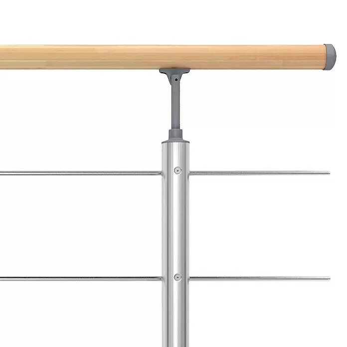 Dolle Geländer-Set PS 030 - Oberbodenmontage, Aluminium, Buche, Länge: 150 cm - Ballettstange aus hellem Holz mit silbernem Metallpfosten und horizontalen Stäben.