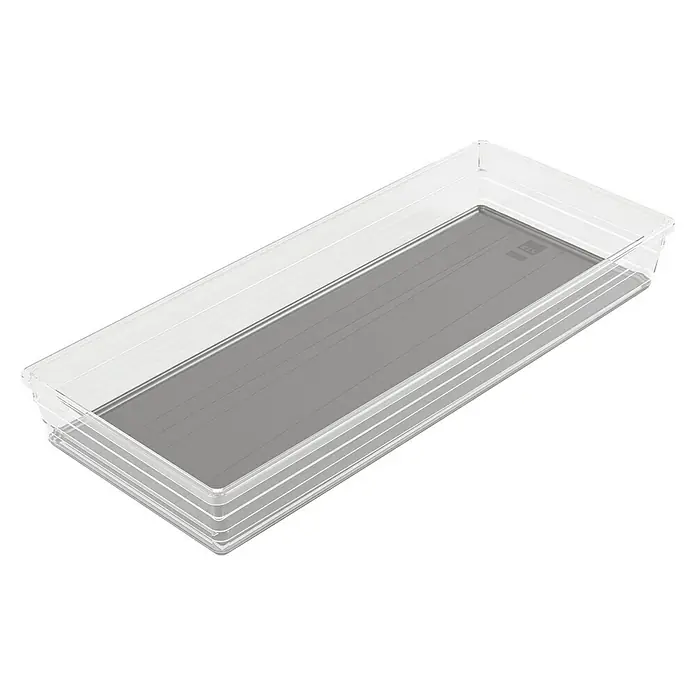 Sistemo Schubladeneinsatz - 37,5 x 15 x 5 cm, Transparent, Kunststoff - Ein rechteckiger, durchsichtiger Schubladeneinsatz mit grauem Boden liegt auf einem schwarzen Hintergrund, ideal für die Organisation.