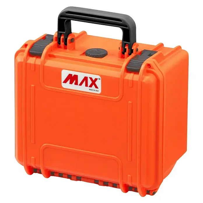 Wasserdichter Koffer MAX235 - L x B x H: 258 x 243 x 168 mm, Kunststoff, Ohne Schaumstoffeinlage, Orange - Abgebildete ist ein orangefarbener MAX-Schutzkoffer mit einem schwarzen Griff. Der Koffer ist robust und für den sicheren Transport von Ausrüstung konzipiert.