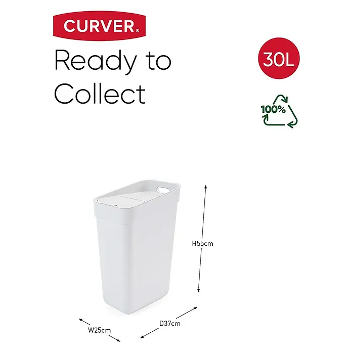 Curver Standard Mülleimer Ready to Collect - 30 l, Kunststoff, Weiß - Curver Ready to Collect Abfalleimer, 30L Fassungsvermögen, aus 100% recyceltem Material, mit den Maßen H55cm, B25cm, T37cm.