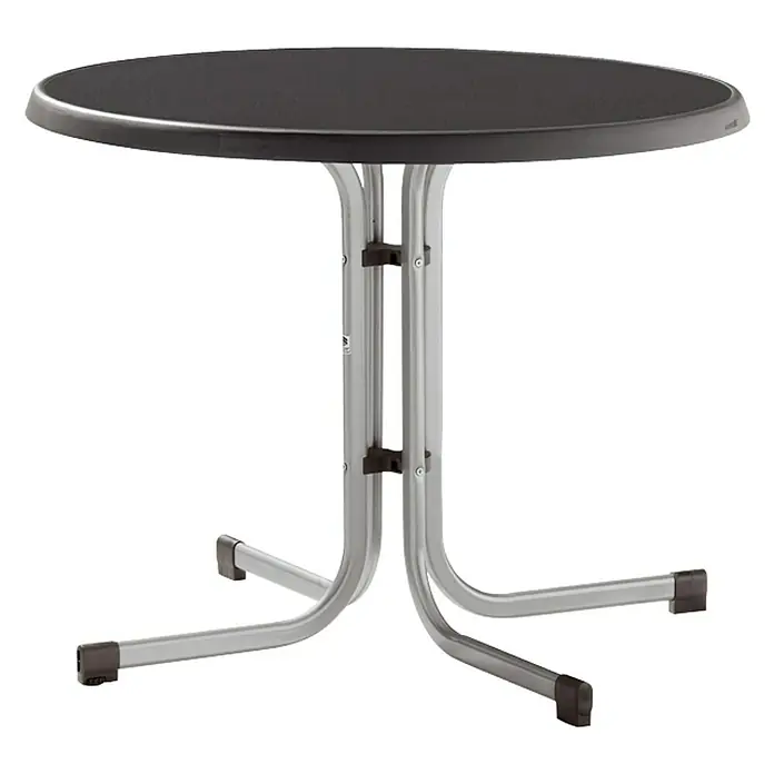 Sieger Balkontisch rund - Ø x H: 86 x 72 cm, Stahl, Mecalit, Klappbar, Graphit/Anthrazit - Runder Tisch mit einer schwarzen Tischplatte und einem silberfarbenen Metallgestell. Perfekt für den Innen- und Außenbereich geeignet.