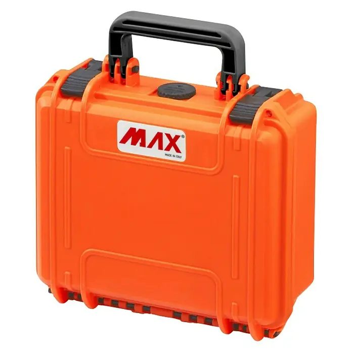 Wasserdichter Koffer MAX235 - L x B x H: 258 x 243 x 118 mm, Kunststoff, Mit Würfelschaumstoffeinlage, Orange - Orangefarbener MAX-Schutzkoffer mit schwarzem Griff, ideal für den sicheren Transport empfindlicher Ausrüstung.