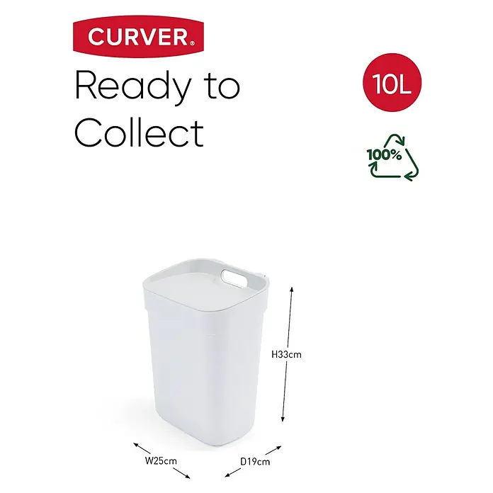 Curver Standard Mülleimer Ready to Collect - 10 l, Kunststoff, Weiß - Bild eines weißen Curver "Ready to Collect" Abfalleimers mit den Maßen 25x19x33 cm und einem Fassungsvermögen von 10 Litern.