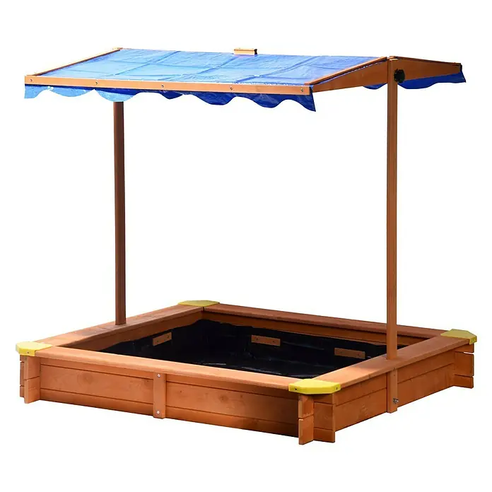 Dobar Sandkasten - 117 x 117 x 117 cm, Holz, Höhenverstellbares Dach - Das Bild zeigt einen Sandkasten mit blauem Sonnendach und Holzrahmen. Er lädt zum Spielen im Garten oder auf der Terrasse ein.