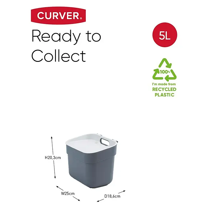 Curver Standard Mülleimer Ready to Collect - 5 l, Kunststoff, Dunkelgrau - Bild eines CURVER Ready to Collect 5L Eimers aus recyceltem Kunststoff in Grau und Weiß mit Größenangaben.
