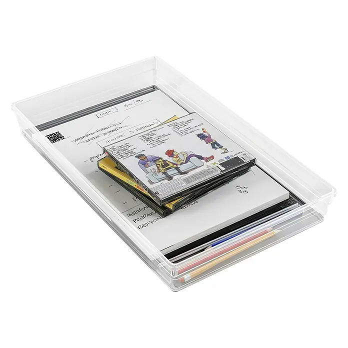 Sistemo Schubladeneinsatz - 39 x 24 x 5 cm, Transparent, Kunststoff - Ein durchsichtiger Organizer mit CDs, Notizen und Stiften für die ordentliche Aufbewahrung im Büro oder zu Hause.