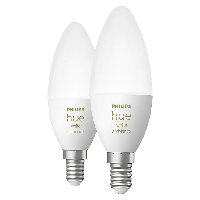 Philips Hue Smart-LED-Lampen Set White Ambiance - E14, Dimmbar, Warmweiß, 470 lm, 5,2 W, 2 Stk. - Abbildung von zwei Philips Hue White Ambiance Kerzenlampen, die eine sanfte, einstellbare Beleuchtung für ein stimmungsvolles Ambiente bieten.